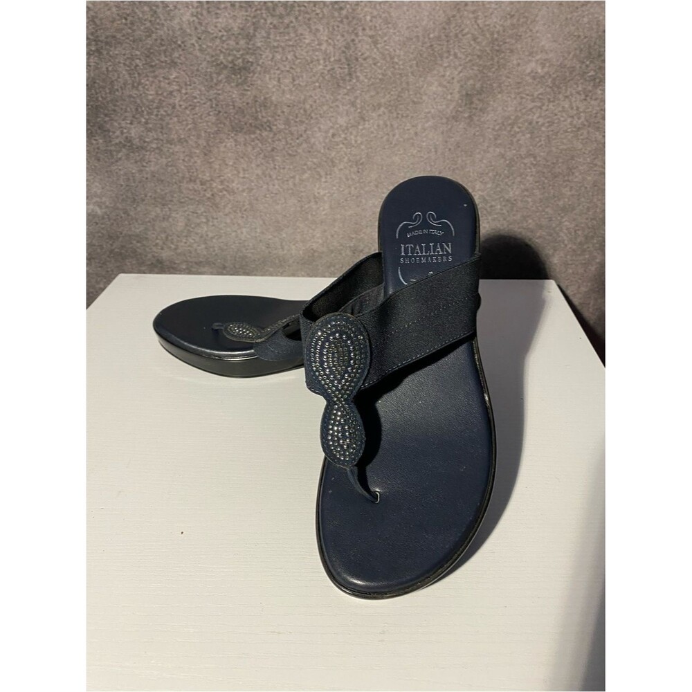 Italian Shoemakers Womens Navy Blue Rhinestone Thong Wedge Sandals Sz 9